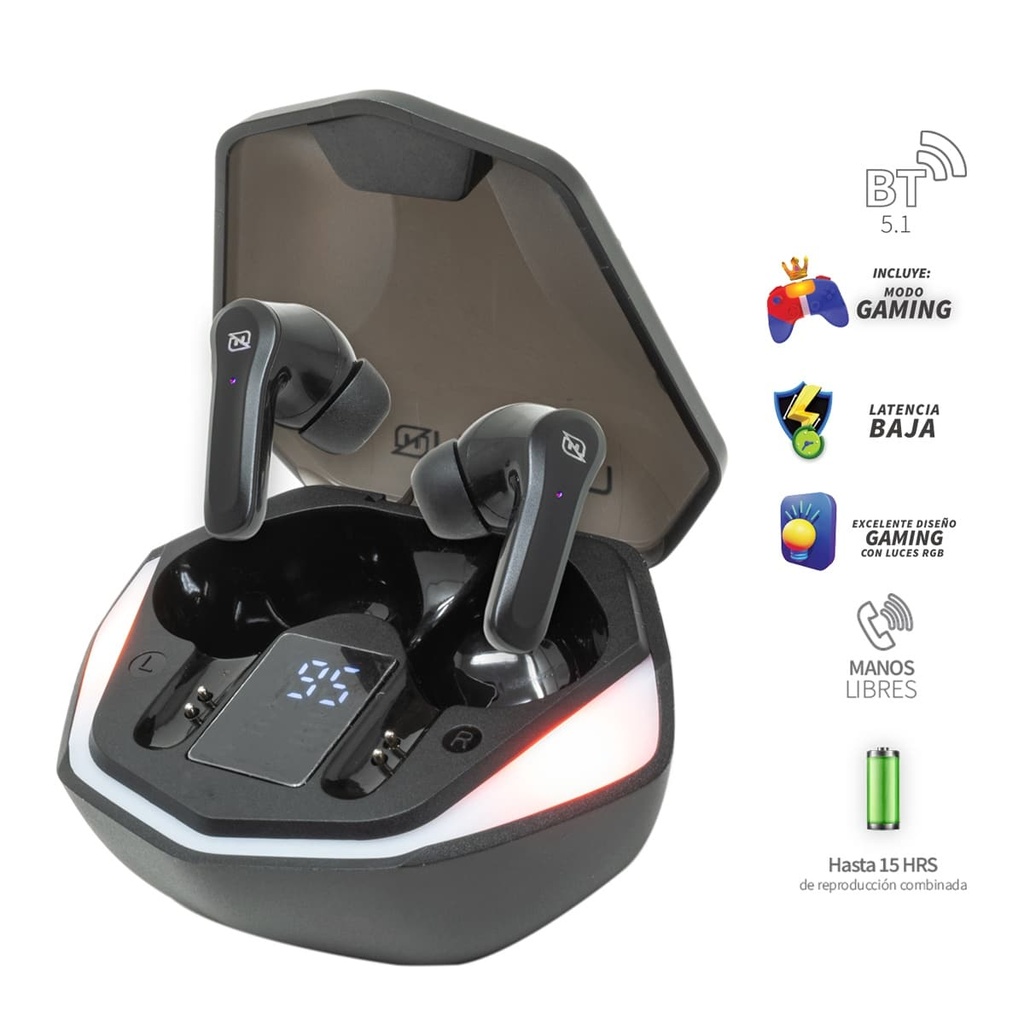 Audifonos Necnon In-ear Bluetooth Gaming Luz Rgb Display Negro (ncabvi01rg)