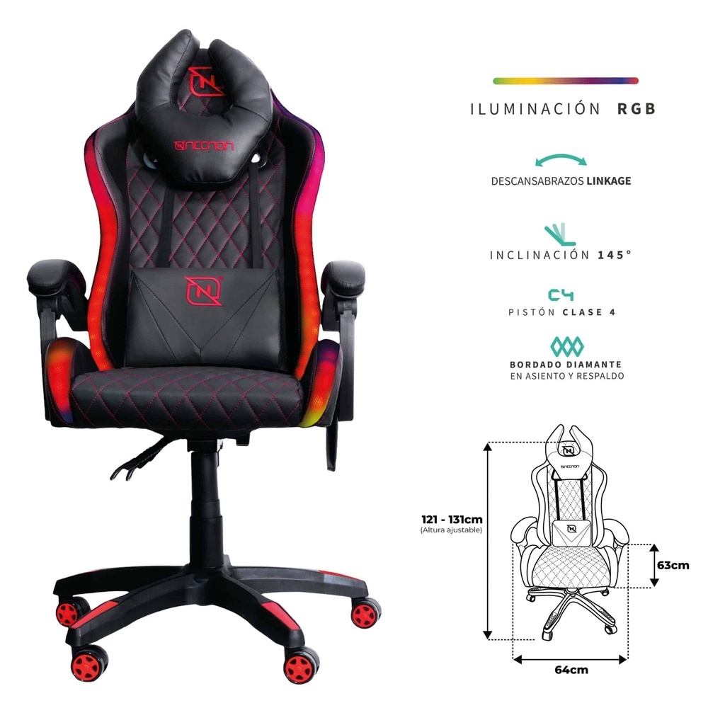 Silla                                                                                                                                                             Gamer Rgb Inclinacion Respaldo 145 Clase 4 140-150kg Nsg-rgb1 Foam 350mm 63cm*64cm*121-131cm Cojin Lumbar Y Cabeza Negro/rojo -