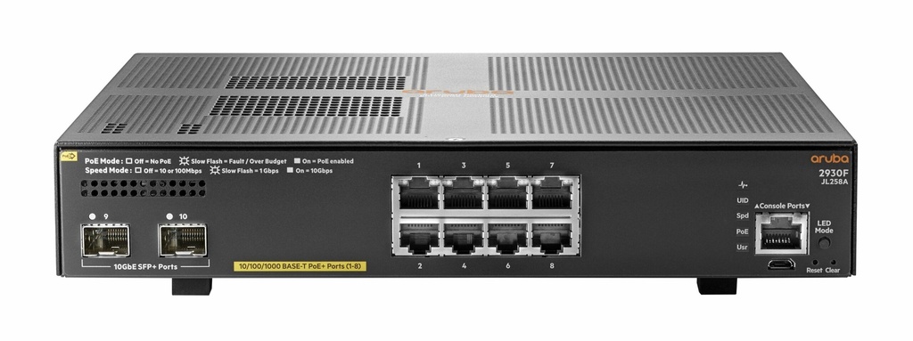 Switch                                                                                                                                                               Aruba Jl258a Gigabit Ethernet 2930f 8g Poe+ 2sfp+ - 8 Puertos Poe+ 10/100/1000mbps + 2 Puertos Sfp+, 56 Gbit/s, 32.768 Entradas - Gestionado