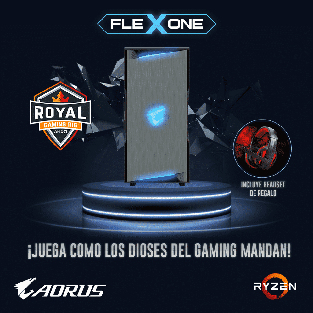 FLEXONE PC PARA GAMING AMD ROYAL GAMING RYZEN 4750G MB B450M AORUS M 16GB ADATA SPECTRIX XPG 256GB SSD M.2 650W RX5500(INCLUYE HEADSET ROYAL GAMING AMD GRATUITO)