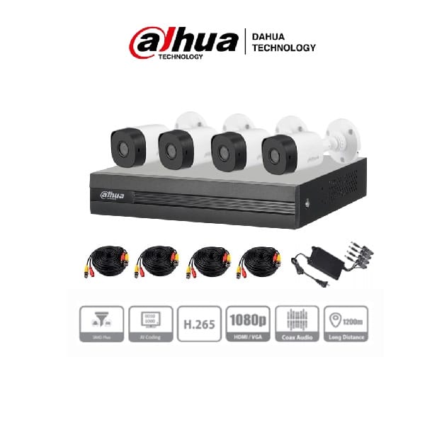 Kit  Dahua De 4 Can De 2 Mpx/wizsense/ia/ H.265+/ 4 Cam B1a21 2 Mpx (dh-kit/xvr1b04-i/4-b1a21n-0360b)
