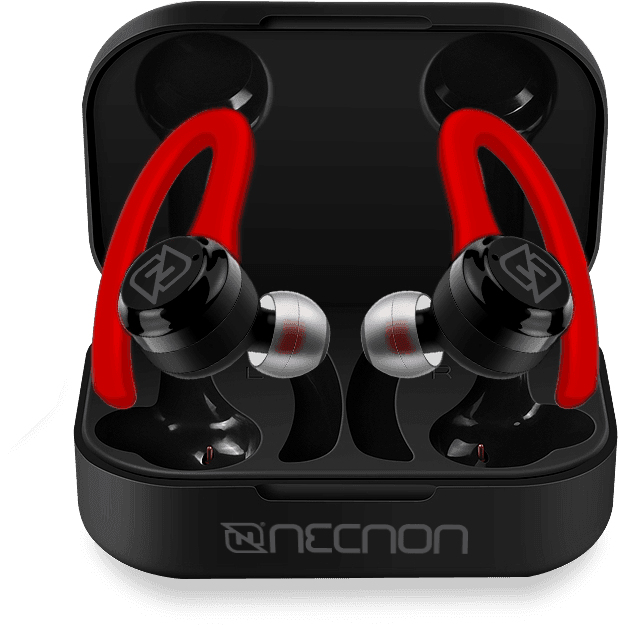 EARBUDS BLUETOOTH TWS 30MAH CON CAJA DE CARGA 200MAH INDICADOR 4 LED NEGRO / ROJO -