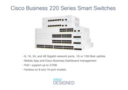 [CBS220-24P-4G-NA] Switch Cisco Gigabit Ethernet Business CBS220, 24 Puertos PoE 10/100/1000 + 4 Puertos SFP, 56Gbit/s, 8.000 Entradas - Administrable