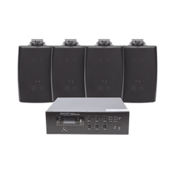 [SFB120/4WS] Kit De Amplificador De 120w Para Escritorio | 4 Altavoces De Pared Color Negro 2.5w - 20w | Sistema 70/100v