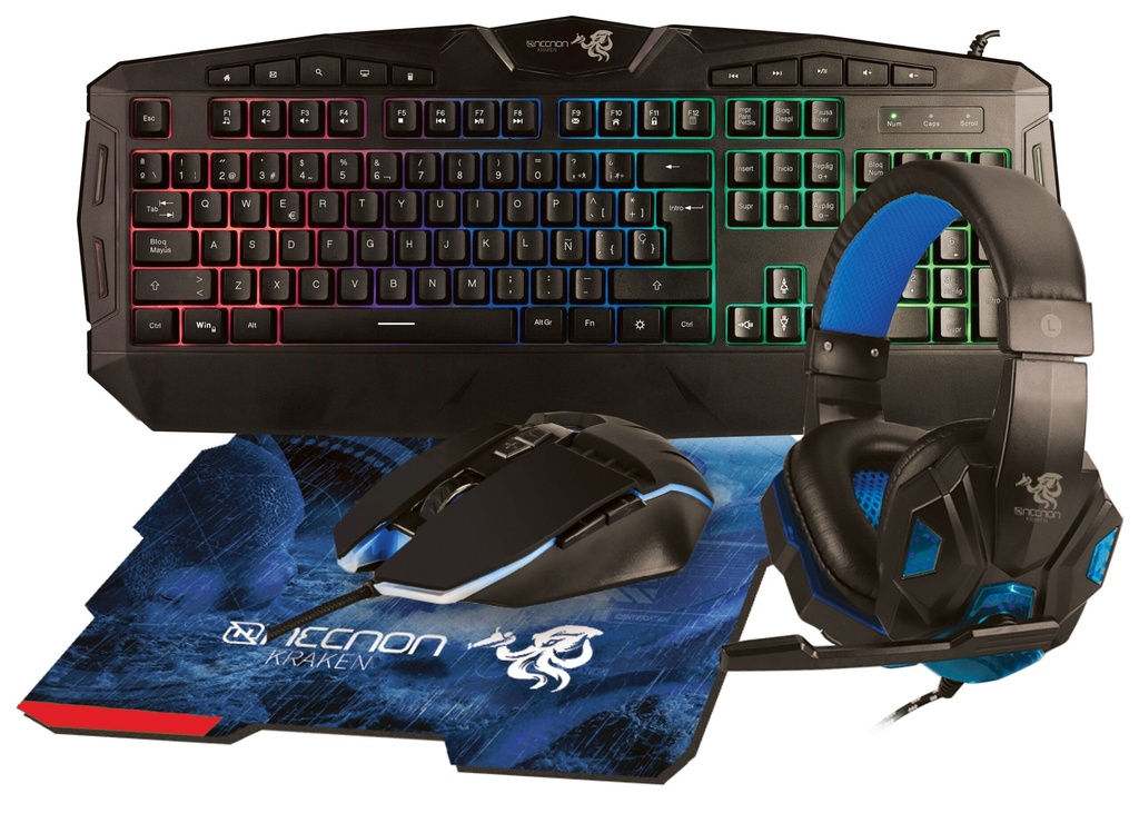 Kit Gaming 4 en 1  NECNON NGC-KRAKEN - 114 Teclas, Azul, 3200 DPI