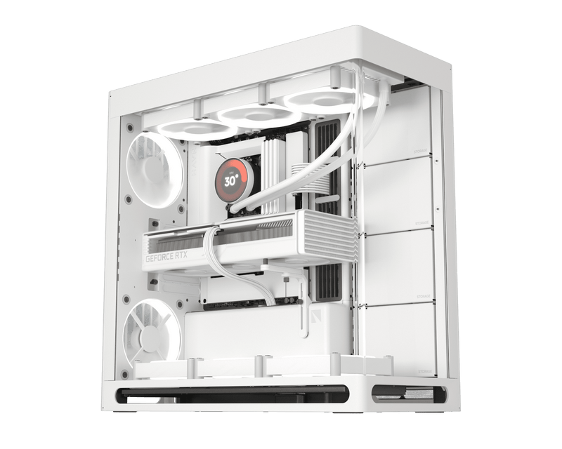 Gabinete Aerocool Havn Hs 420 White Atx Kit de GPU vertical PCIe 5.0, 11 ranuras de ventilador de 140 mm y (no incluidos)soporte de radiador de 2 x 420 mm, gestión de cables