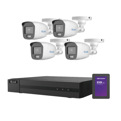 Kit Turbohd 1080p + Ssd 500 Gb / Dvr 4 Canales / 4 Cámaras Bala Colorvu Con Micrófono Integrado / Fuente De Poder / Accesorios De Instalación
