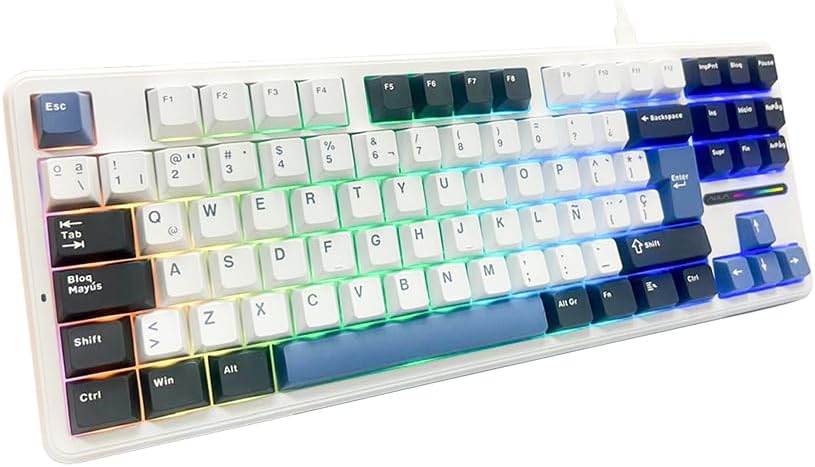 Teclado mecanico Gamer AULA F87, Red Switch, Español, Alámbrico (Blanco/Negro/Azul)